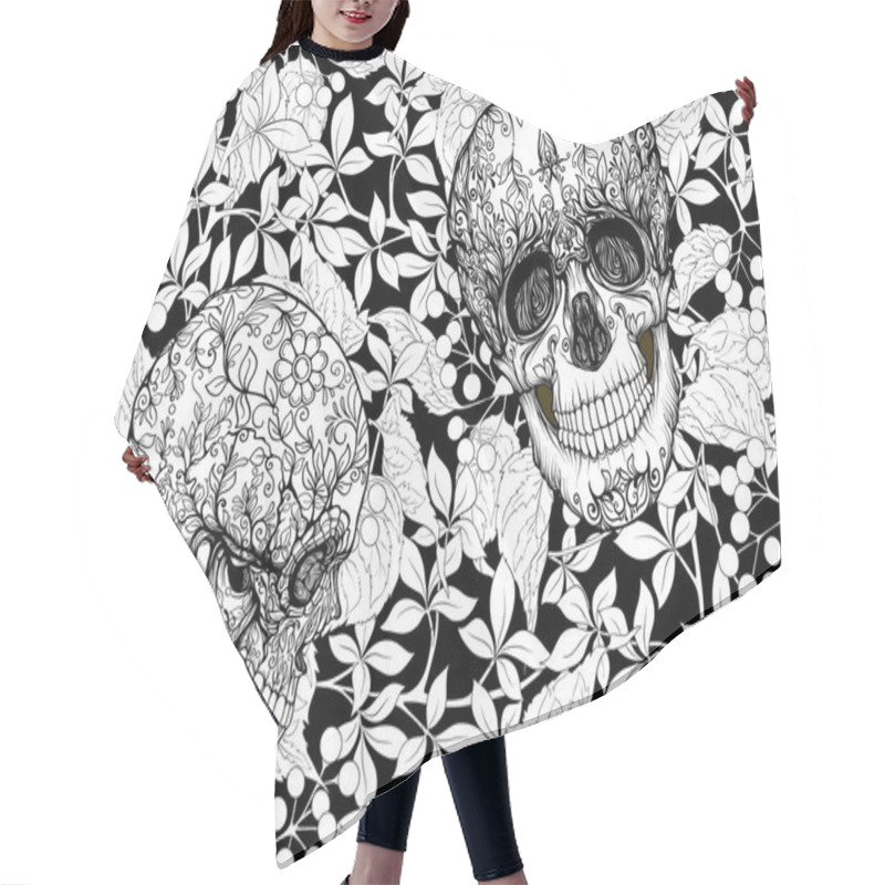 Personality  Seamless Pattern With Human Skulls And  Flowers. Hair Cutting Cape