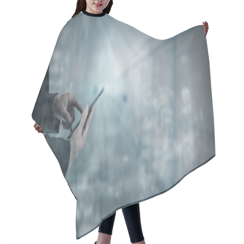 Personality  Business Man's Hand With Digital Device Or Tactile Tablet Hair Cutting Cape