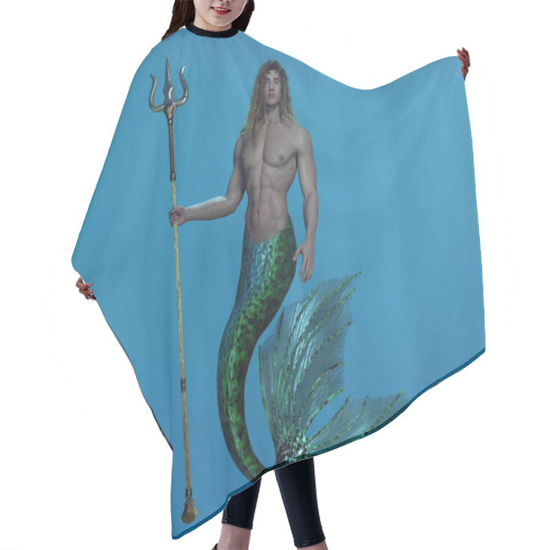 Personality  3D Render: A Fantasy Merman Creature Character Is Under The Deep Blue Sea, Poseidon God Of The Sea Character Design Concept Hair Cutting Cape