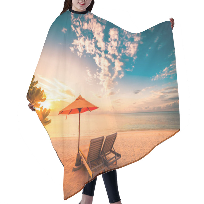 Personality  Beautiful Beach Background For Summer Travel With Sun,coconut Tree And Beach Wooden Bed On Sand With Beautiful Blue Sea And Blue Sky. Summer Mood Sun Beach Background Concept. Hair Cutting Cape