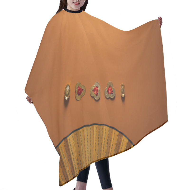 Personality  Top View Of Traditional Golden Chinese Decorations And Fan With Hieroglyphs On Brown Background   Hair Cutting Cape