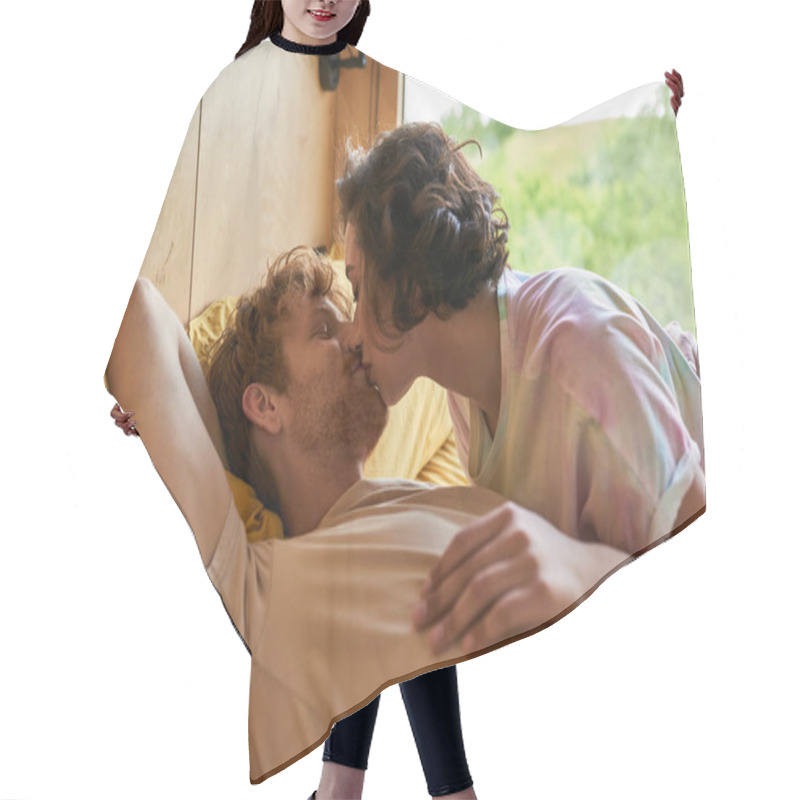 Personality  Romance And Tenderness, Asian Woman And Redhead Man Kissing Each Other In Bedroom With Forest View Hair Cutting Cape