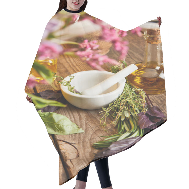 Personality  Mortar With Pestle Near Bottle And Fresh Leaves And Flowers On Wooden Surface Hair Cutting Cape