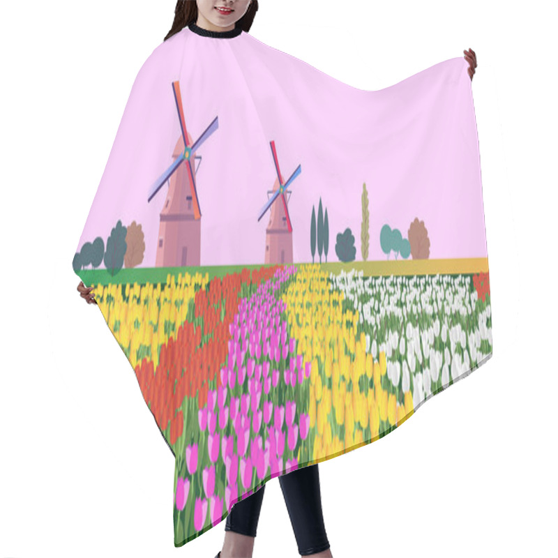 Personality  Vector Illustration Of A Landscape With Dutch Tulips And Windmills. For Design Posters And Greetings. Hair Cutting Cape