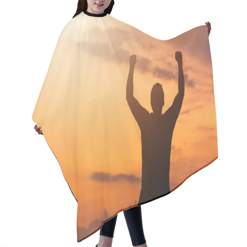 Personality  Silhouette Of A Man With Hands Raised In The Sunset, Empowered Concept. Hair Cutting Cape