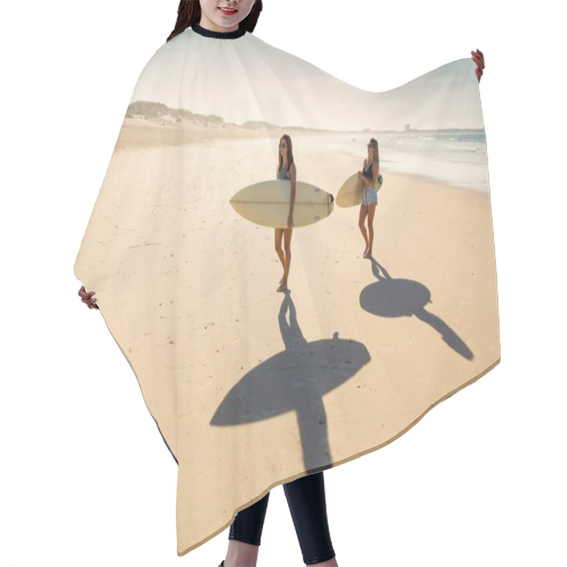 Personality  Two Beautiful Girls Holding Surfboards And Walking On Beach Hair Cutting Cape