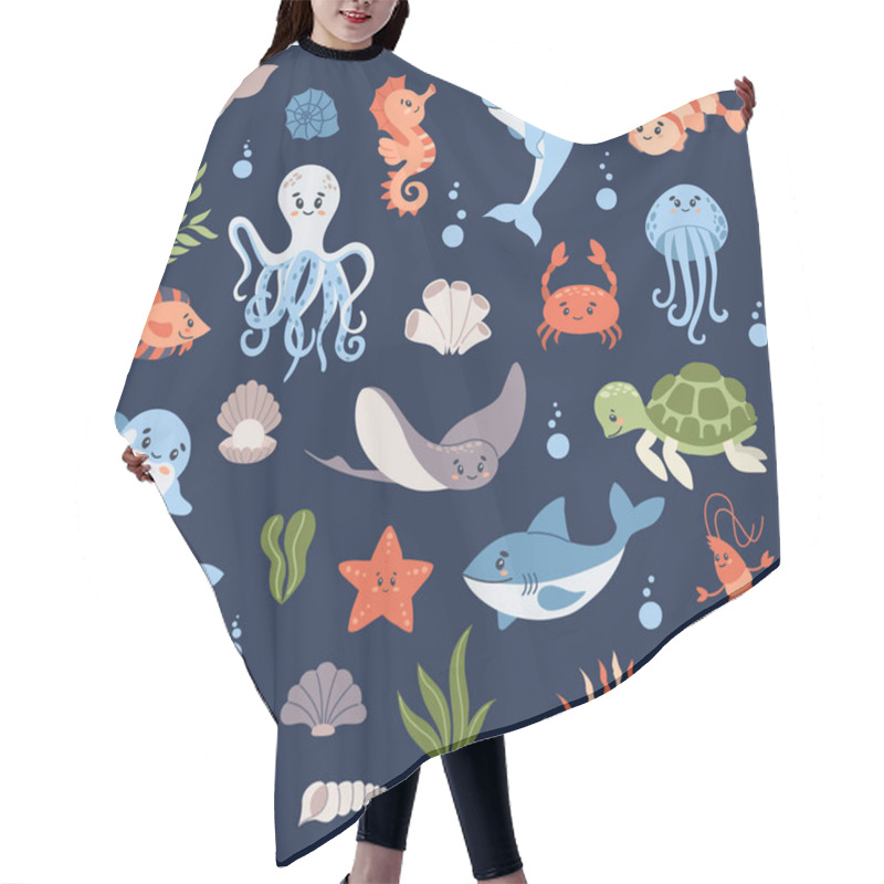 Personality  Set Of Underwater Animals - Octopus Whale Turtle Dolphin Jellyfish Crab Shrimp Seahorse Stingray Shark Sea-plants And Corals. Cute Background With Cartoon Characters. Vector Illustration Hair Cutting Cape