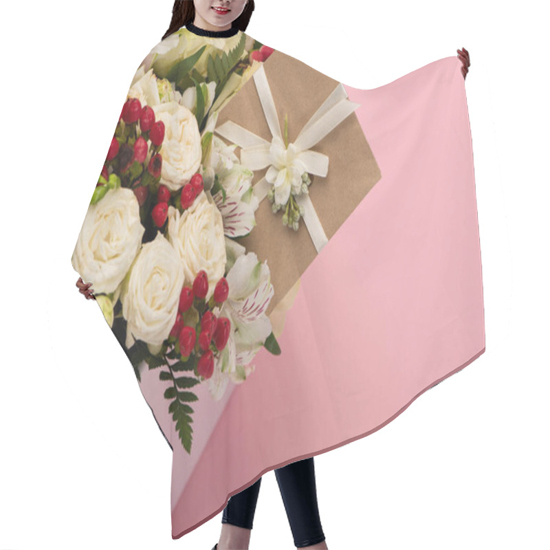 Personality  Bouquet Of Flowers In Festive Gift Box With Greeting Card On Pink Background Hair Cutting Cape