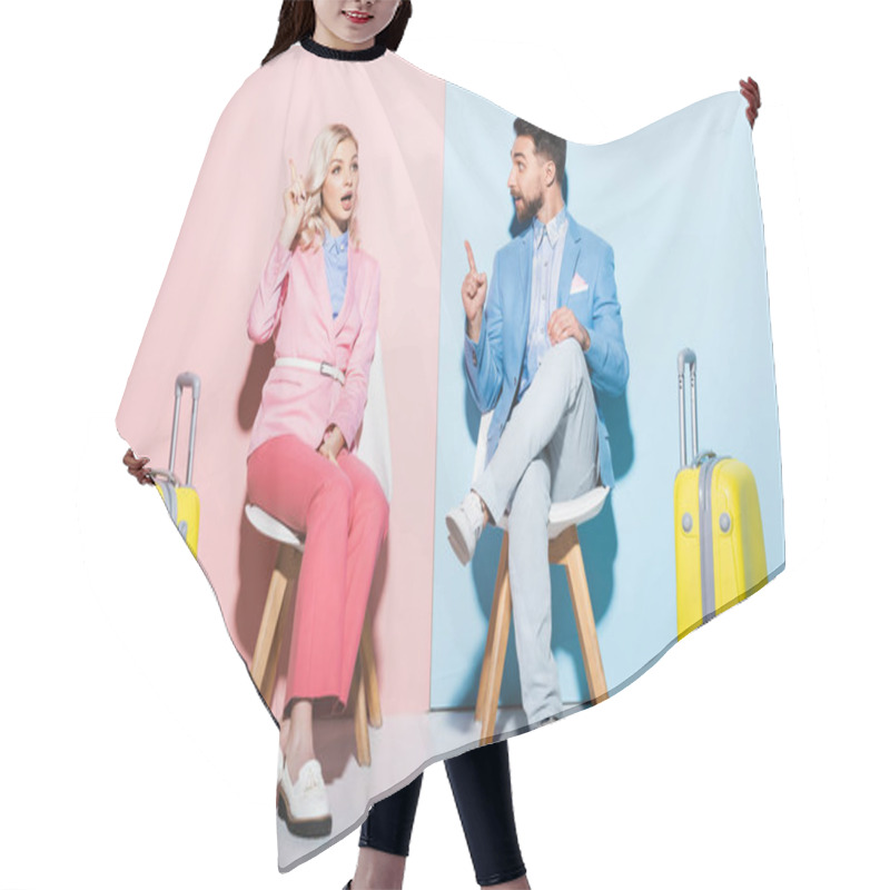 Personality  Shocked Woman And Handsome Man Showing Idea Gesture On Pink And Blue Background  Hair Cutting Cape