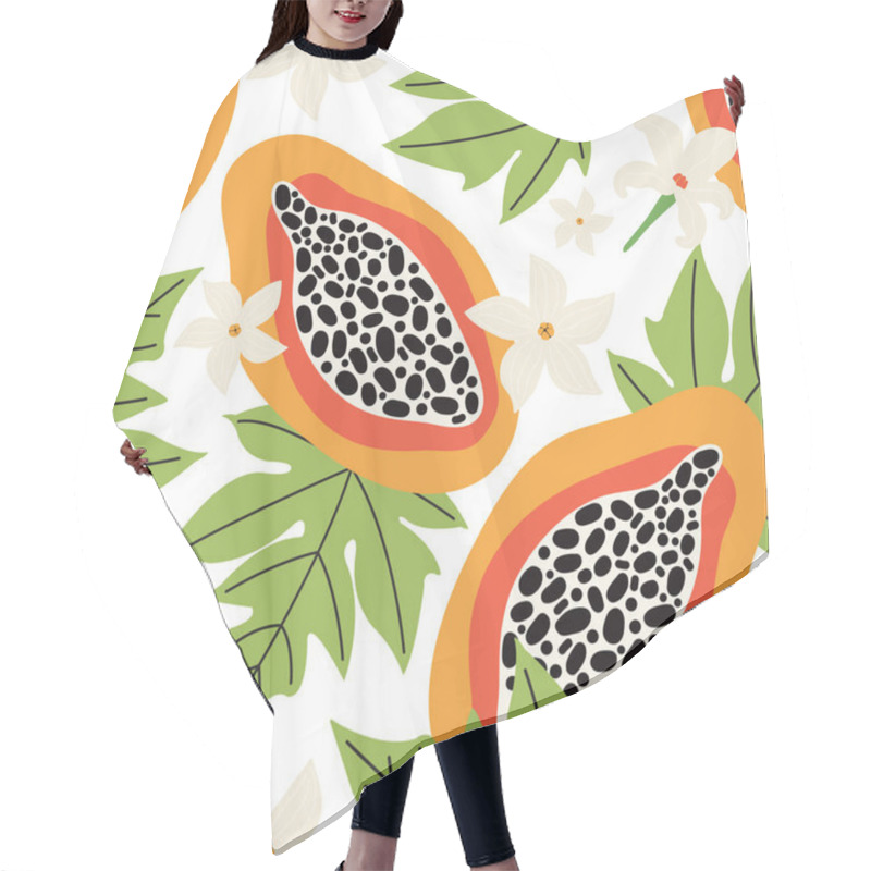 Personality  Exotic Summer Seamless Pattern. Orange Papaya On A White Background. Tropical Sweet Fruit Cut Into Slices, Flowers, Leaves, Pulp, Seeds. Hand Drawn Vector Background Colorful Doodle Jungle Fruits. Hair Cutting Cape