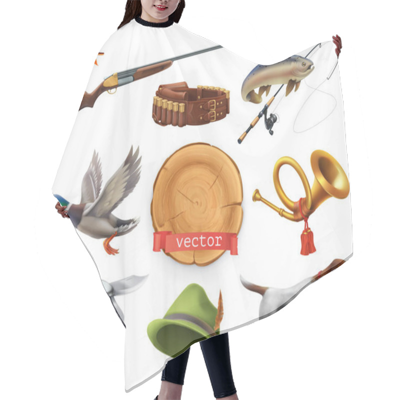 Personality  Hunting Set. Shotgun, Dog, Duck, Fishing, Horn, Hat, Knife. 3d Vector Icon Hair Cutting Cape