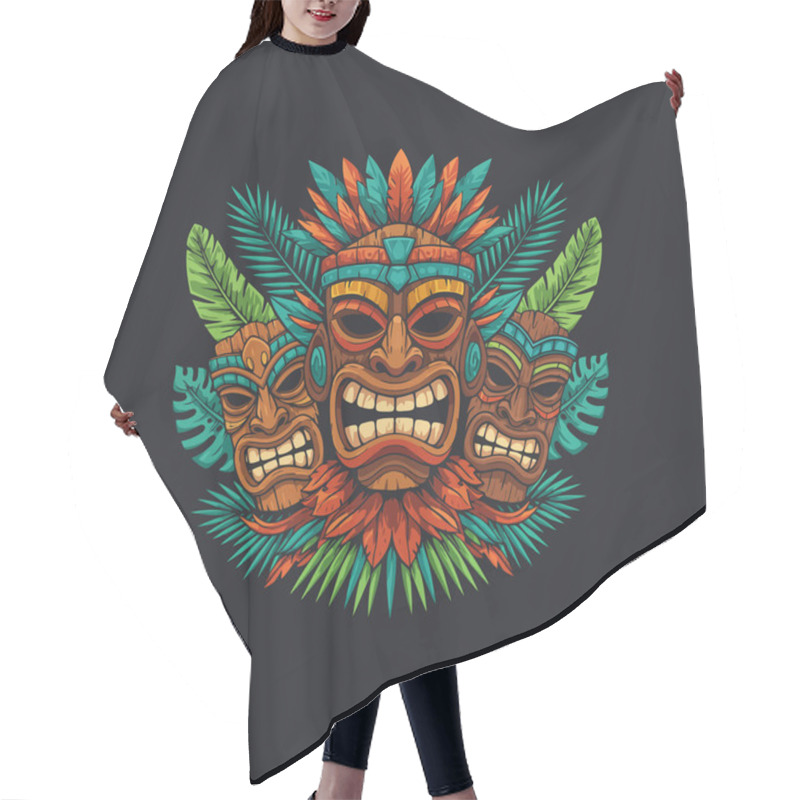 Personality  A Stylized Illustration Features Three Vibrant Tiki Masks Adorned With Tropical Foliage, Creating A Bold And Exotic Visual. Hair Cutting Cape