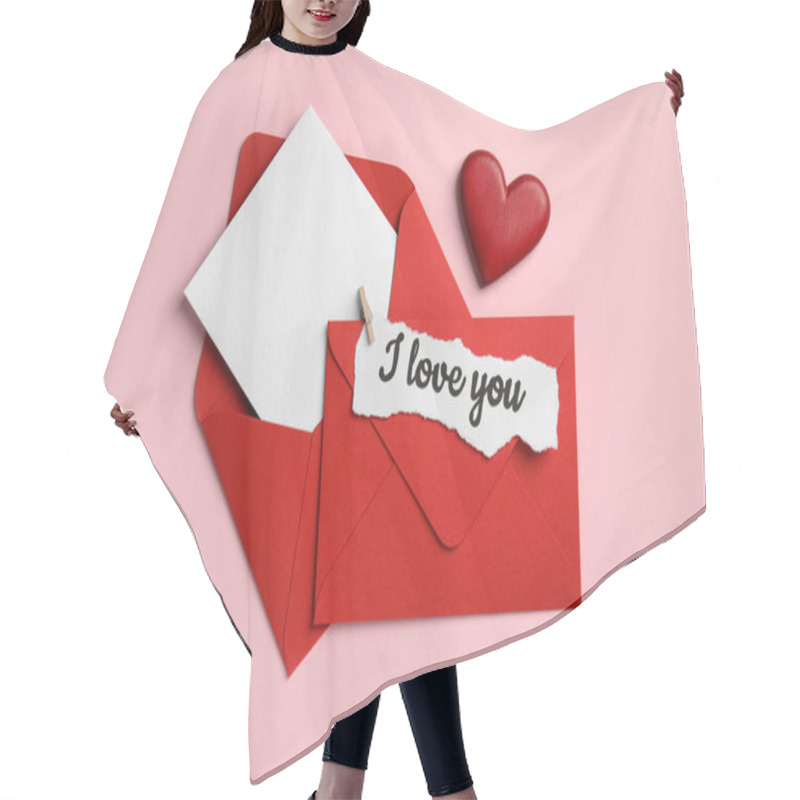 Personality  Sheet Of Paper With Phrase I Love You, Envelopes And Decorative Heart On Pink Background, Flat Lay Hair Cutting Cape