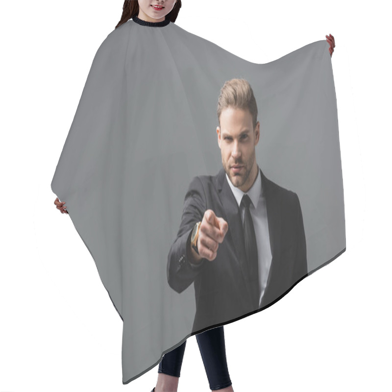 Personality  Strict Businessman Pointing With Finger While Looking At Camera Isolated On Grey Hair Cutting Cape