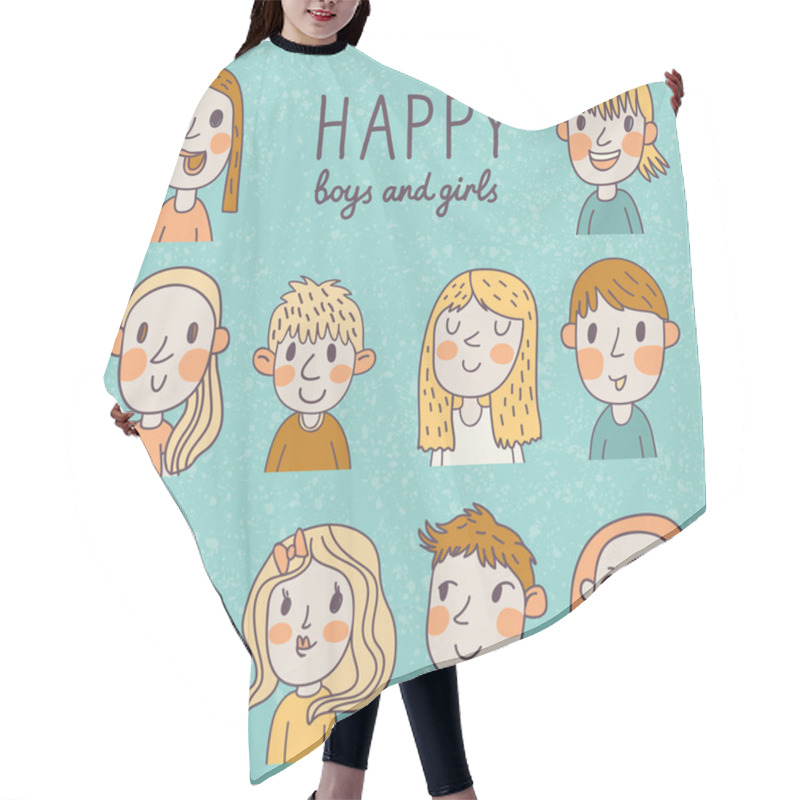 Personality  Happy Boys And Girls In Vector Set. Hair Cutting Cape