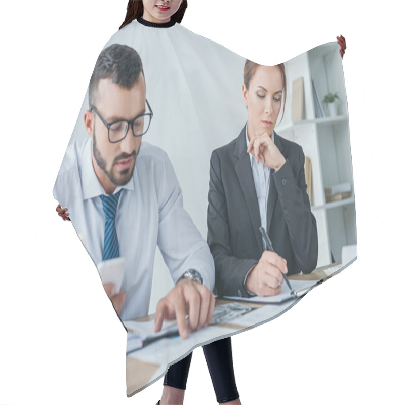 Personality  Accountants Working With Documents And Using Smartphone In Office Hair Cutting Cape