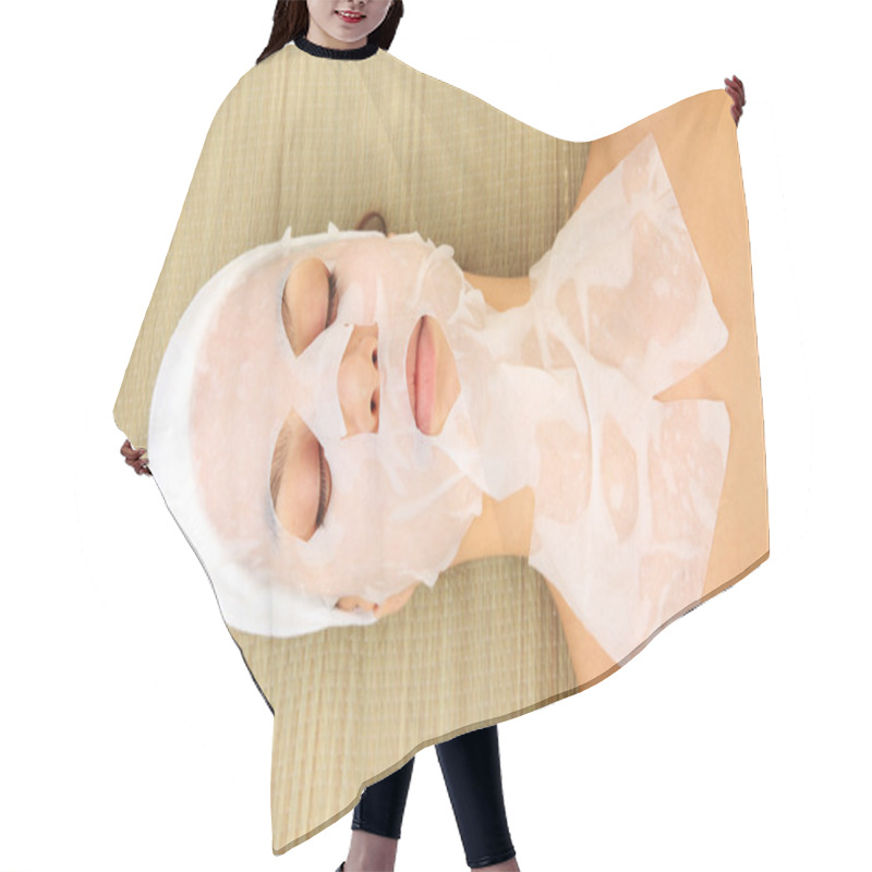 Personality  Young Woman With Cloth Facial Mask, On Bamboo Mat Background Hair Cutting Cape