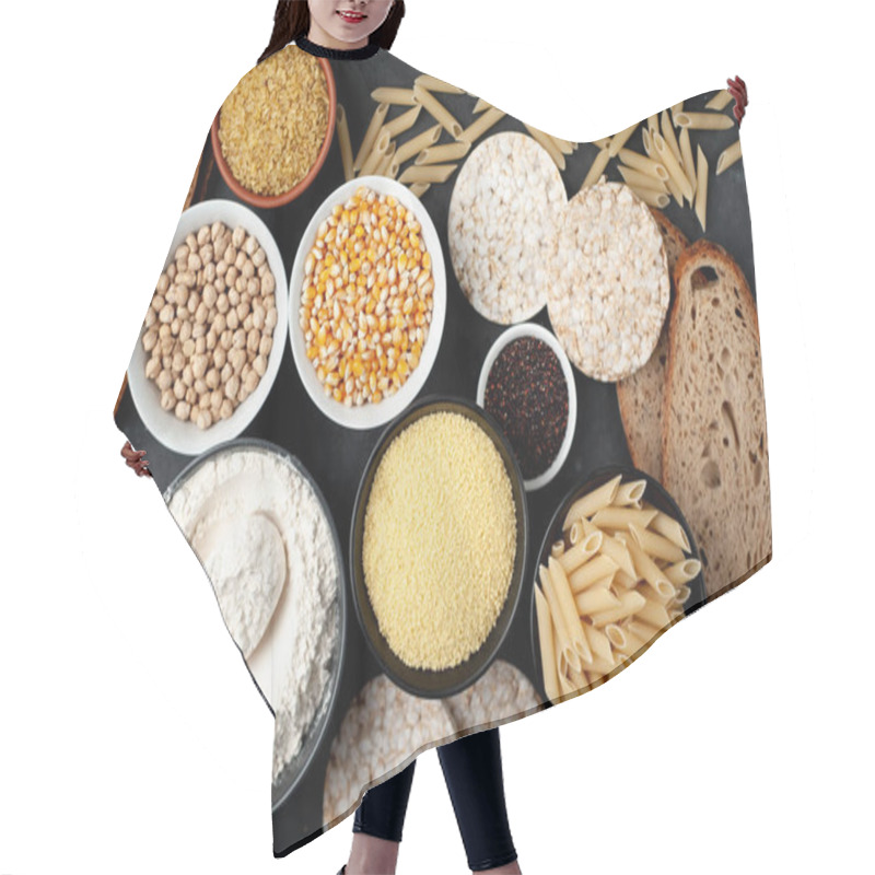 Personality  Chickpeas And Corn With Rice Bread Slices And Bowls With Pasta Penne On Rustic Table Background Hair Cutting Cape