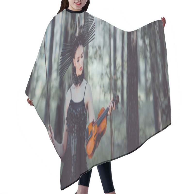 Personality  Panoramic View Of Woman In Witch Costume With Crown Standing On Forest Background, Holding Violin Hair Cutting Cape