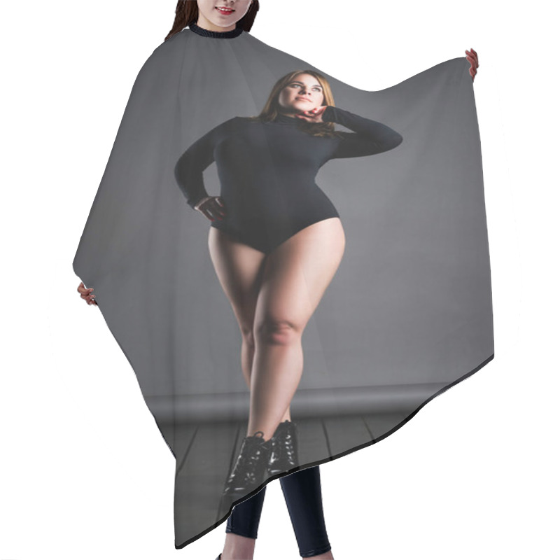 Personality  Plus Size Sexy Model In Black Bodysuit, Fat Woman On Gray Studio Background, Overweight Female Body, Full Length Portrait Hair Cutting Cape