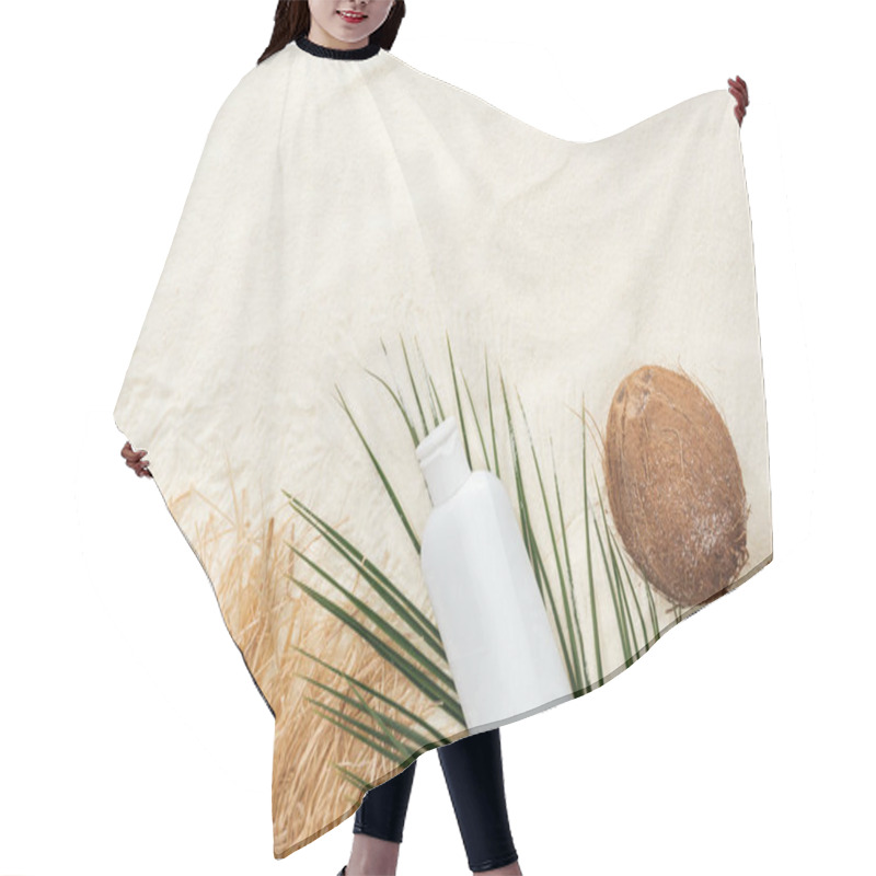 Personality  Top View Of Palm Leaf, Coconuts And Sunscreen Lotion With Straw Hat On Sand Hair Cutting Cape