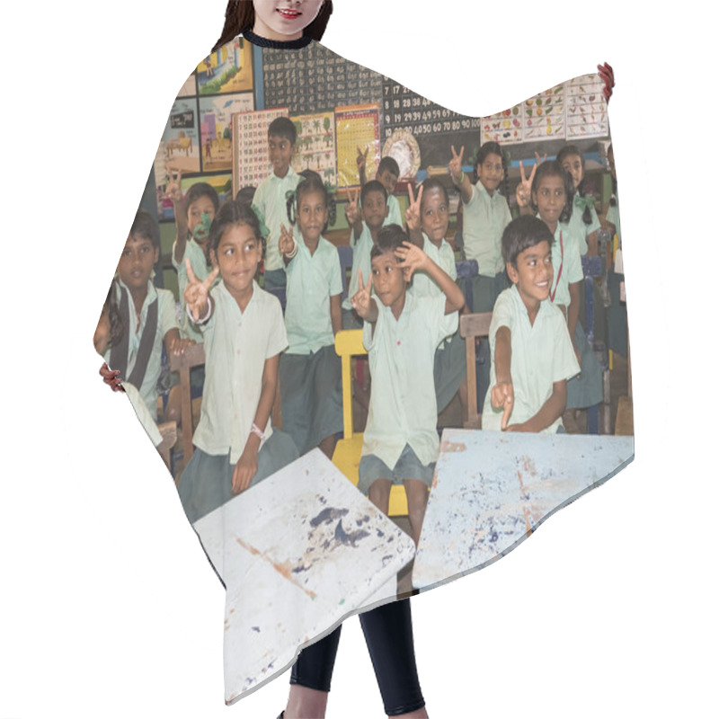 Personality  PUDUCHERRY, INDIA - DECEMBER Circa, 2018. Unidentified Happy Best Children Girls Friends Classmates In Government School Classroom Uniforms Smiling Showing Thumb Up Gesture. Portrait Of School Childs Enjoying Friendship Emotion. Hair Cutting Cape