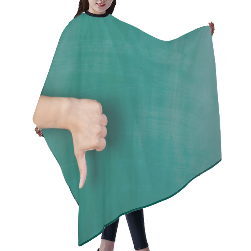 Personality  Woman's Hand Gesturing Thumbs Down Against Chalkboard Hair Cutting Cape