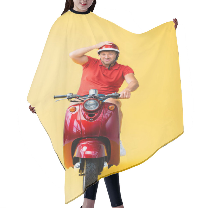 Personality  Displeased Man In Helmet Riding Red Scooter And Showing Thumb Up On Yellow Hair Cutting Cape