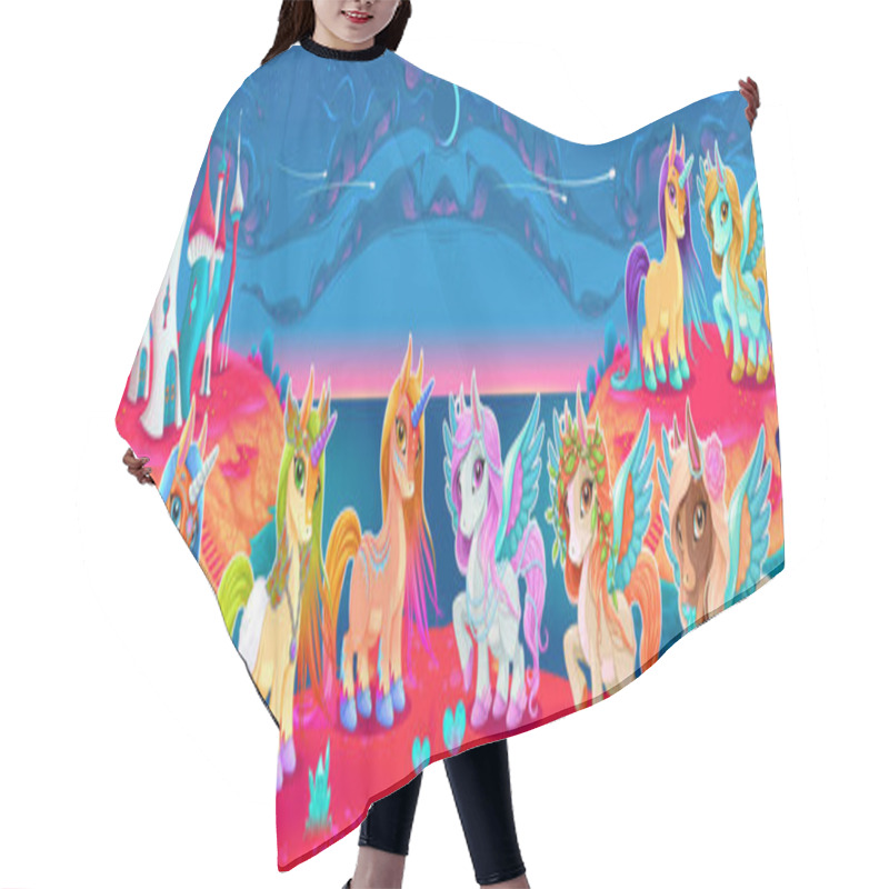 Personality  Groups Of Unicorns And Pegasus In A Fantasy Landscape Hair Cutting Cape