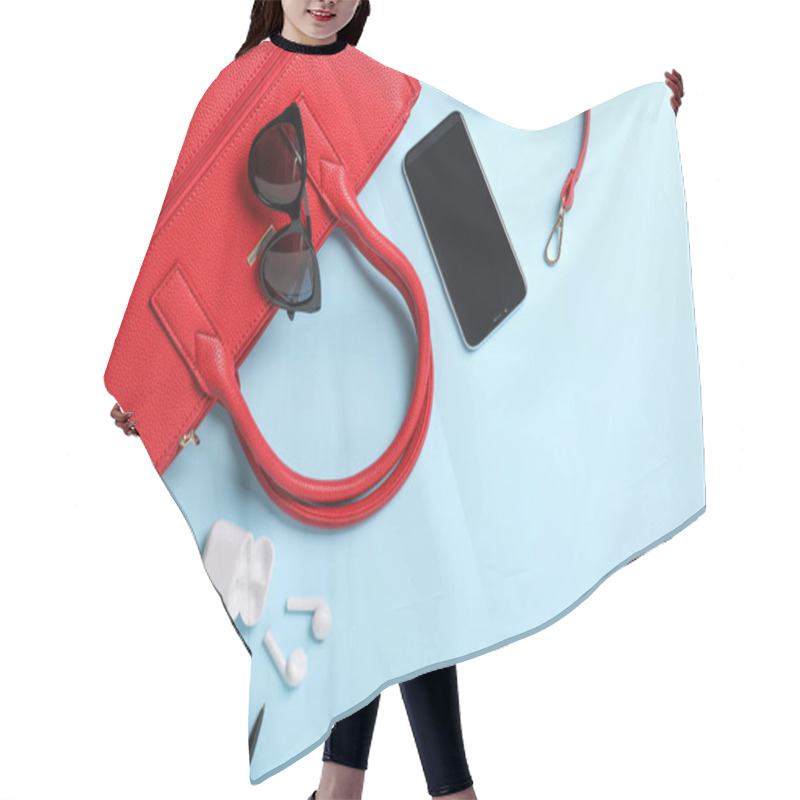 Personality  Stylish Women's Bag And Different Stuff On Light Blue Background, Flat Lay. Space For Text Hair Cutting Cape