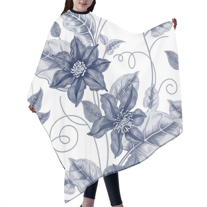 Personality  Black And White Pattern With Flowers Clematis. Hair Cutting Cape