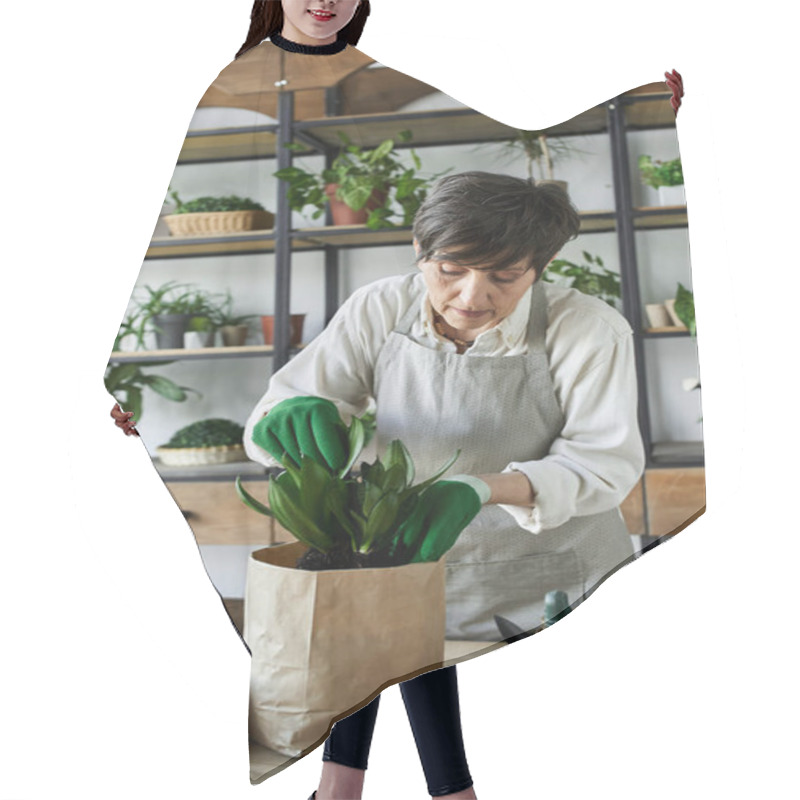 Personality  A Gardener Tends To Her Cherished Plants In A Cozy Studio. Hair Cutting Cape