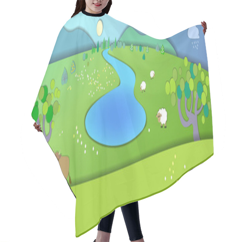 Personality  Green Meadows,garden,trees.Weather Changes.Concept Showing Idyllic Lifestyle.Paper Cut Style.Flat Illustration With Smooth Shadows.Summer Landscape With Fields,cow And Sheeps Hair Cutting Cape