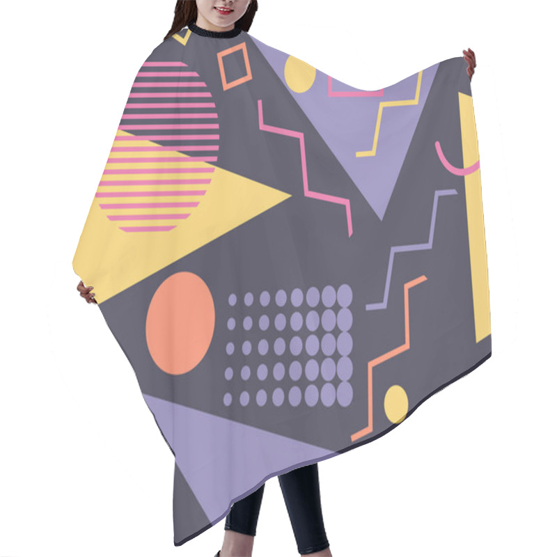 Personality  Memphis Seamless Pattern With Geometric Shapes In The Style Of The 80s. Multi-colored Triangles, Circles And Zigzags For Promotional Products, Wrapping Paper And Printing. Vector Illustration Hair Cutting Cape