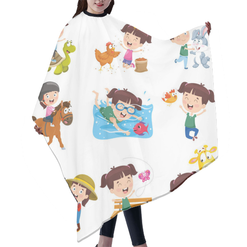 Personality  Vector Illustration Of Cartoon Girl Doing Various Activities Hair Cutting Cape