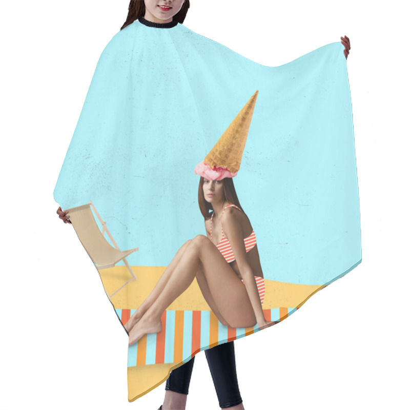 Personality  Contemporary Art Collage Of Woman In Swimsuit With Ice Cream Cone On Head Isolated Over Drawn Beach Background Hair Cutting Cape