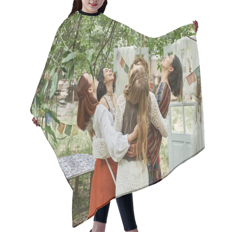 Personality  Joyful And Interracial Women Friends In Boho Outfits Hugging Outdoors In Retreat Center Hair Cutting Cape