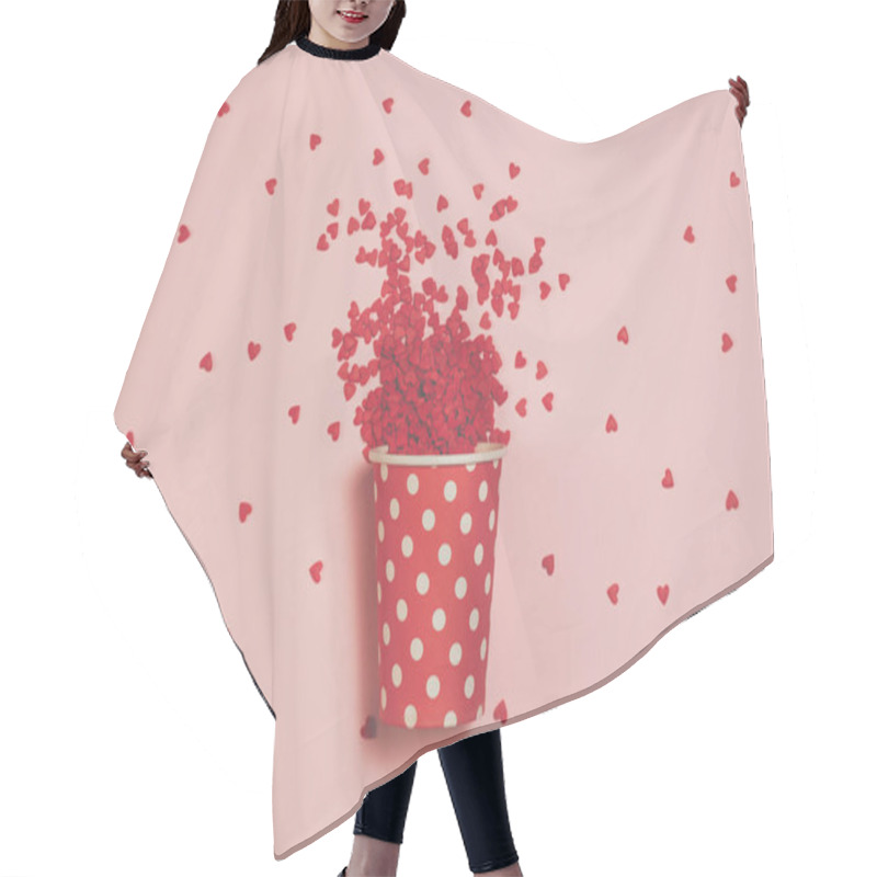 Personality  A Polka Dottet Cup Vith Little Hearts All Around. Top View, Flat Lay. St. Valentine's Day Concept Hair Cutting Cape