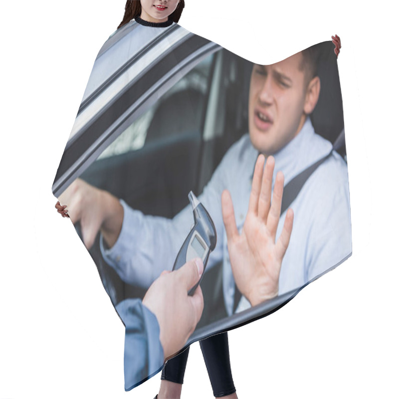 Personality  Policeman Giving Breathalyzer To Drunk Driver Showing Refuse Gesture, Blurred Background Hair Cutting Cape