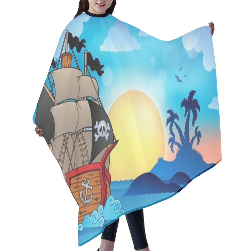 Personality  Pirate Ship Near Small Island 3 Hair Cutting Cape