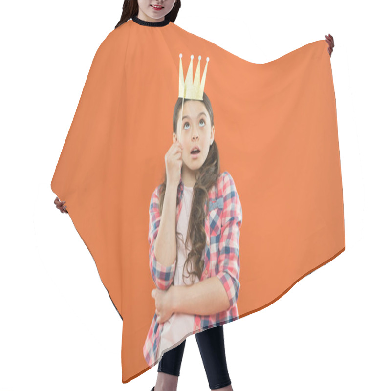 Personality  Im A Big Boss Here. Little Big Boss On Orange Background. Cute Girl Boss Wearing Prop Crown. Small Happy Child With Big Surprise On Her Face. Adorable Boss Lady Dreaming Big Ambitious Dreams Hair Cutting Cape