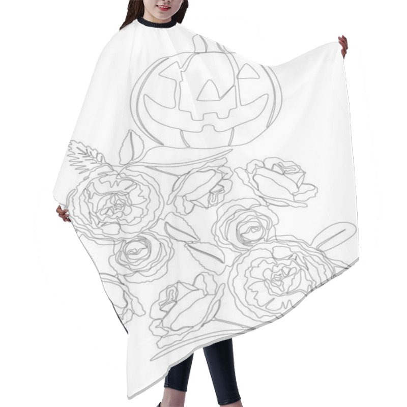 Personality  One Continuous Line Of Jack O' Lantern With Rose Flowers. Thin Line Illustration Vector Concept. Contour Drawing Creative Ideas. Hair Cutting Cape