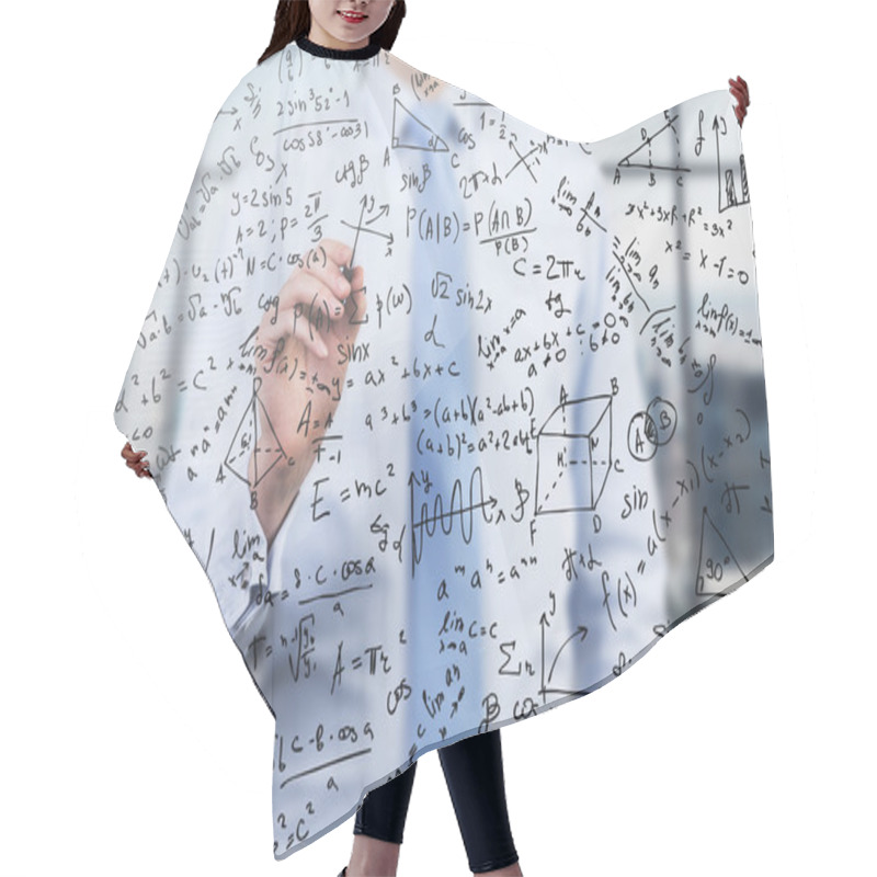 Personality  Quantitative Analyst Is Drawing Different Math Formulas On The Glass Screen. A Concept Of Professional Financial Consulting Services. Hair Cutting Cape