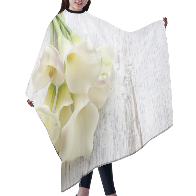 Personality  Bouquet Of White Calla Flowers (Zantedeschia) On White Wooden Ta Hair Cutting Cape