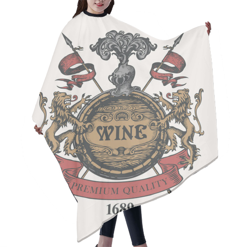 Personality  A Hand-drawn Vector Banner With The Inscription Wine, A Large Wooden Barrel, Lions, A Knights Helmet And Spears. Ornate Wine Label In The Form Of A Coat Of Arms In A Vintage Style In A Light Backdrop Hair Cutting Cape