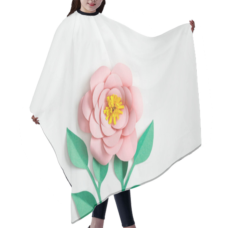 Personality  Top View Of Pink Paper Flower And Green Plants On Grey Background Hair Cutting Cape