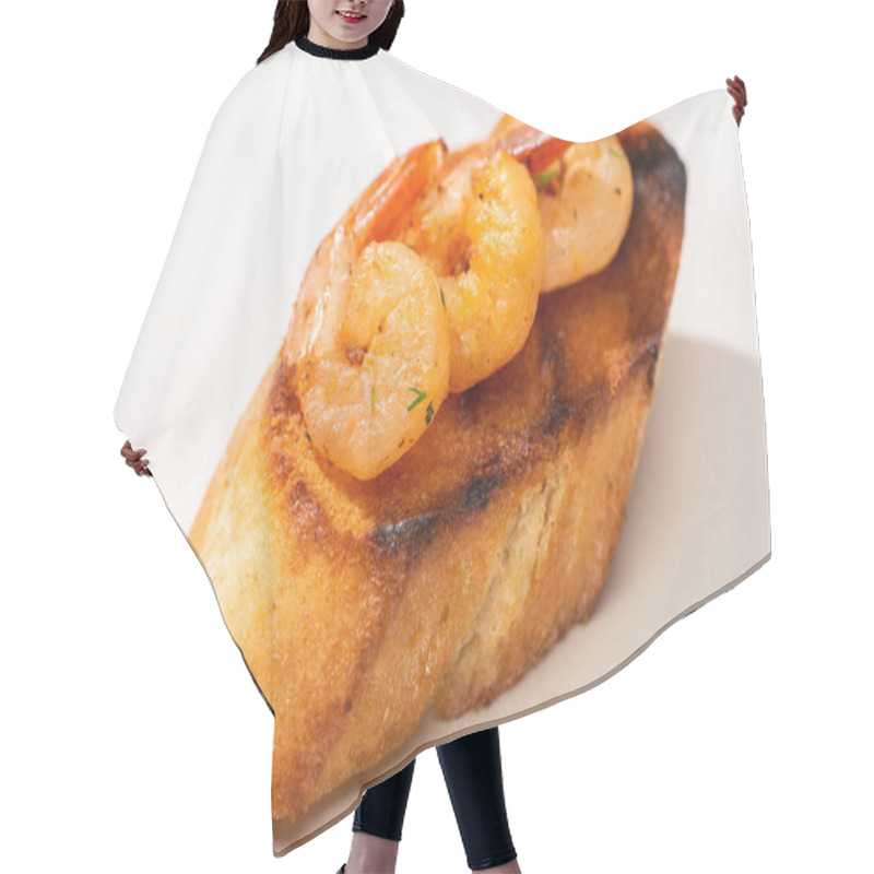 Personality  Close Up View Of Canape With Toast Bread And Fried Shrimps On White Background Hair Cutting Cape