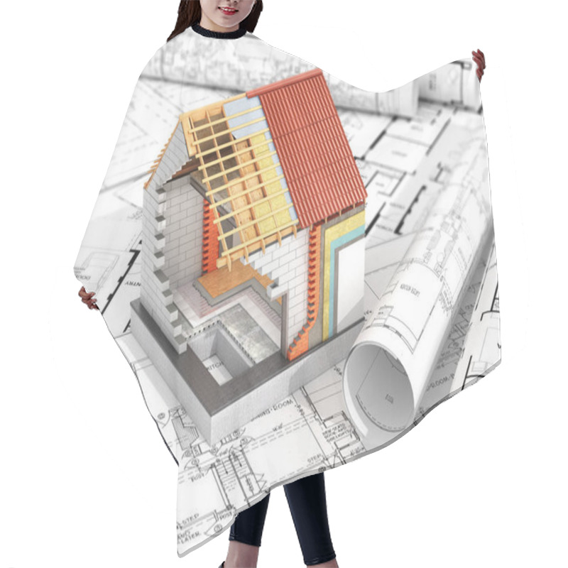 Personality  Layout Of The House On Top Of Architectural Drawings. Thermal Insulation. 3d Illustration Hair Cutting Cape