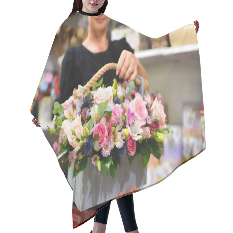 Personality  Woman With Fresh Flowers. Womens Day 8 March. Flower Bouquet In The Hands Of A Woman. Hair Cutting Cape