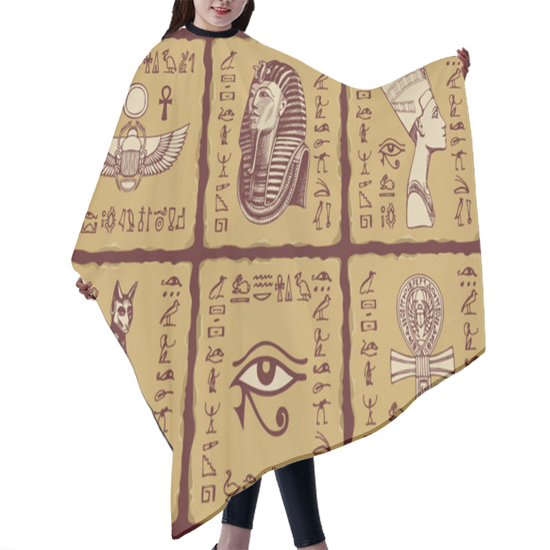 Personality  Set Of Vector Banners In The Form Of Ceramic Tiles With Hieroglyphs And Illustrations On The Theme Of Ancient Egypt. The Egyptian Symbols And Mascots. Advertising Posters Or Flyers For Travel Agencies Hair Cutting Cape